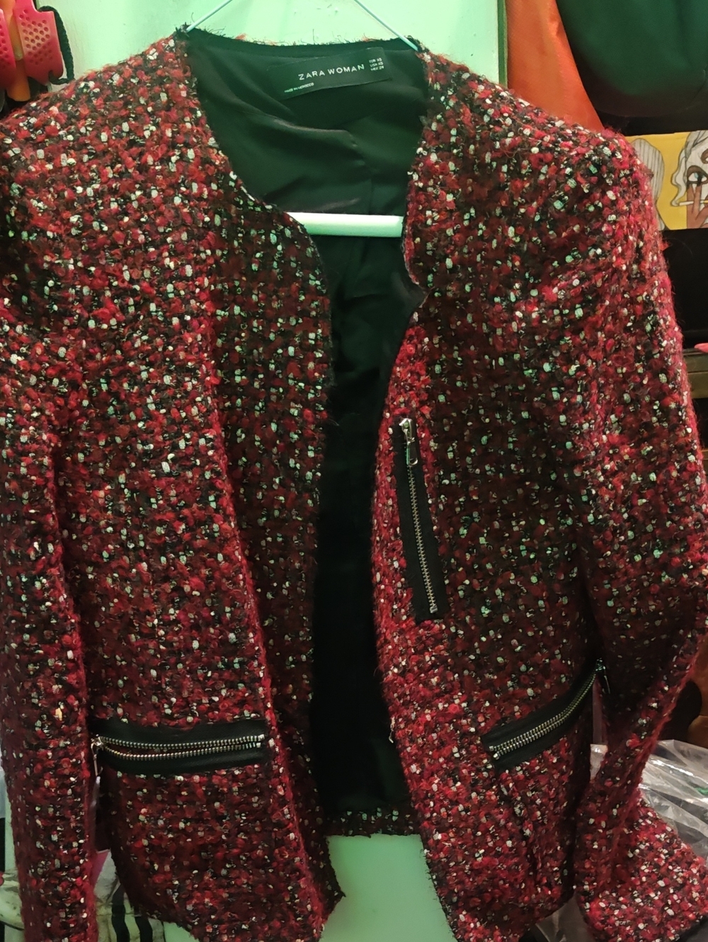 Zara Red Tweed Jacket with Zip Pockets